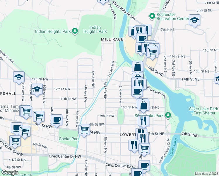 map of restaurants, bars, coffee shops, grocery stores, and more near 235 12th Street Northwest in Rochester