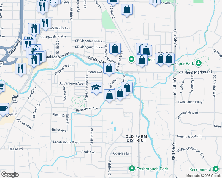 map of restaurants, bars, coffee shops, grocery stores, and more near American Loop in Bend