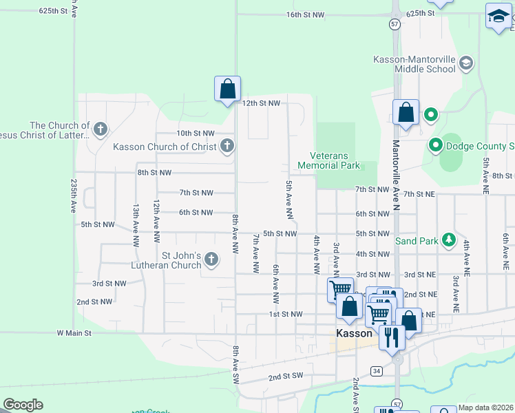 map of restaurants, bars, coffee shops, grocery stores, and more near 600 8th Avenue Northwest in Kasson