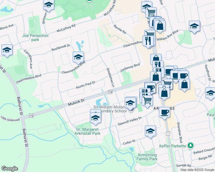 map of restaurants, bars, coffee shops, grocery stores, and more near 108 Bothwell Crescent in Newmarket
