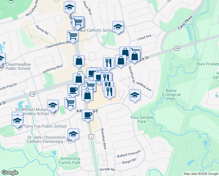 map of restaurants, bars, coffee shops, grocery stores, and more near 16655 Yonge Street in Newmarket