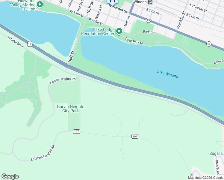 map of restaurants, bars, coffee shops, grocery stores, and more near 53 West Lake Boulevard in Winona