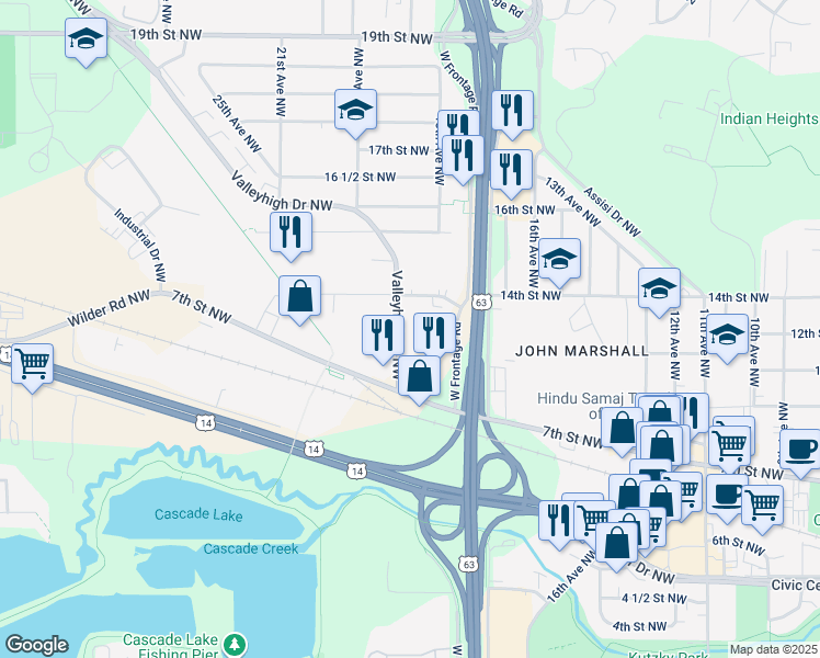 map of restaurants, bars, coffee shops, grocery stores, and more near 1820 14th Street Northwest in Rochester