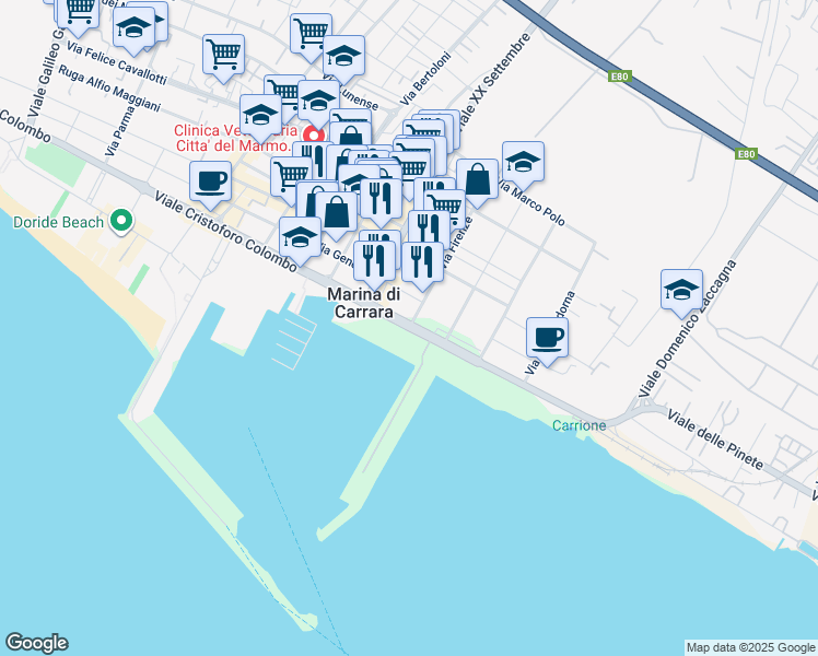 map of restaurants, bars, coffee shops, grocery stores, and more near 3 Viale Giovanni da Verrazzano in Carrara