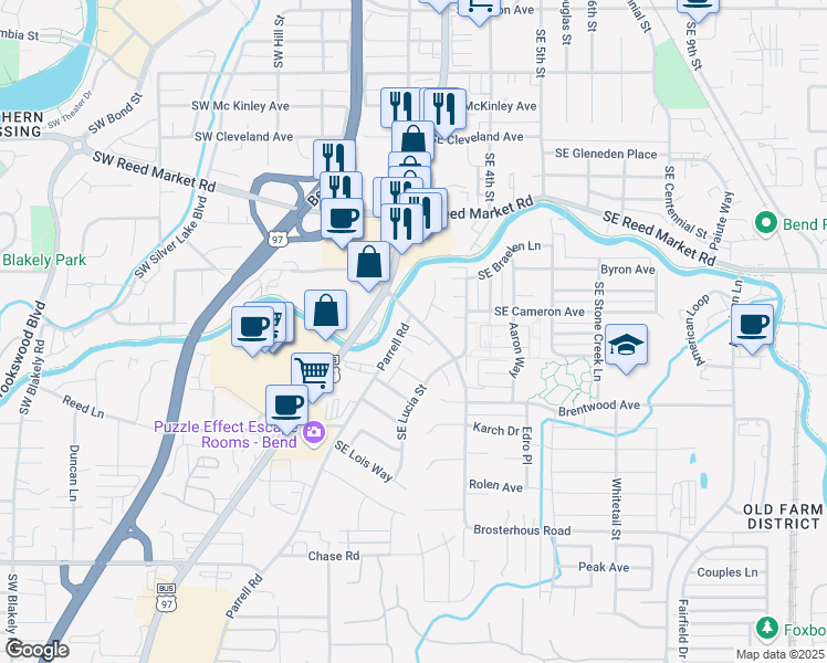 map of restaurants, bars, coffee shops, grocery stores, and more near 61554 Parrell Road in Bend