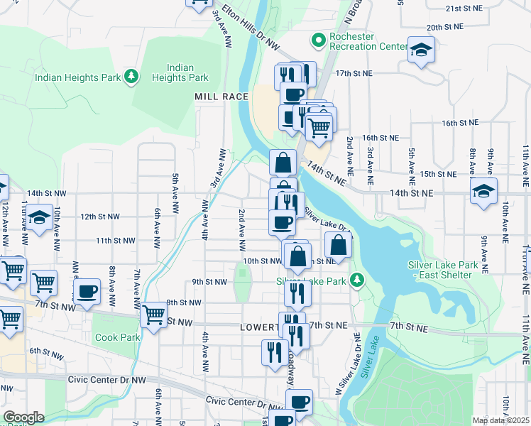 map of restaurants, bars, coffee shops, grocery stores, and more near 35 12th Street Northeast in Rochester