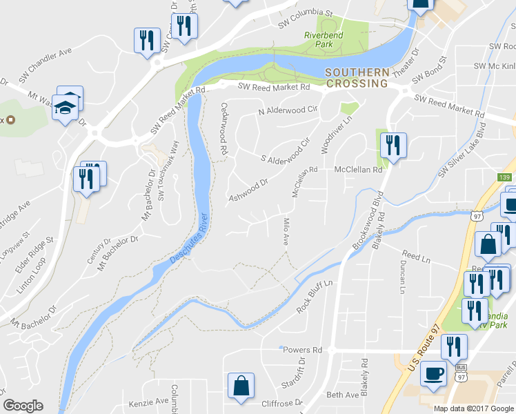 map of restaurants, bars, coffee shops, grocery stores, and more near 61555 Marlece Lane in Bend