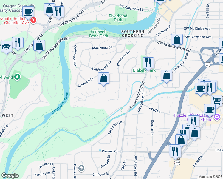 map of restaurants, bars, coffee shops, grocery stores, and more near 20021 Southwest Millcrest Place in Bend