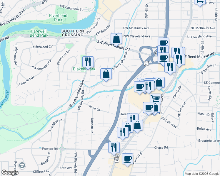 map of restaurants, bars, coffee shops, grocery stores, and more near 399 Southwest Garfield Avenue in Bend