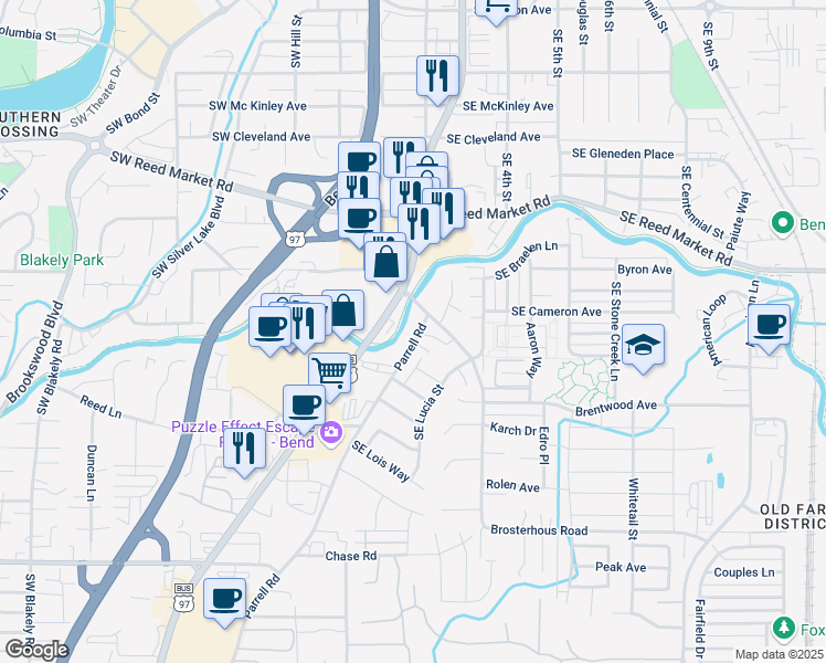 map of restaurants, bars, coffee shops, grocery stores, and more near 61545 Parrell Road in Bend