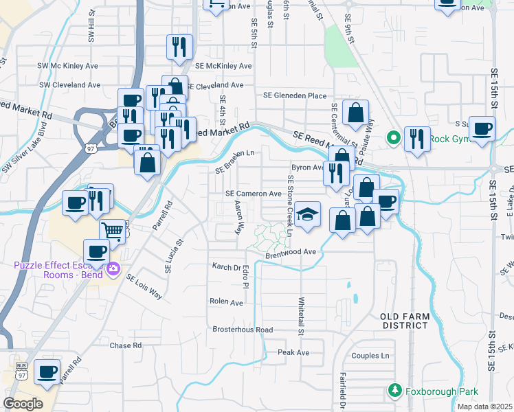 map of restaurants, bars, coffee shops, grocery stores, and more near 61553 Southeast Lorenzo Drive in Bend
