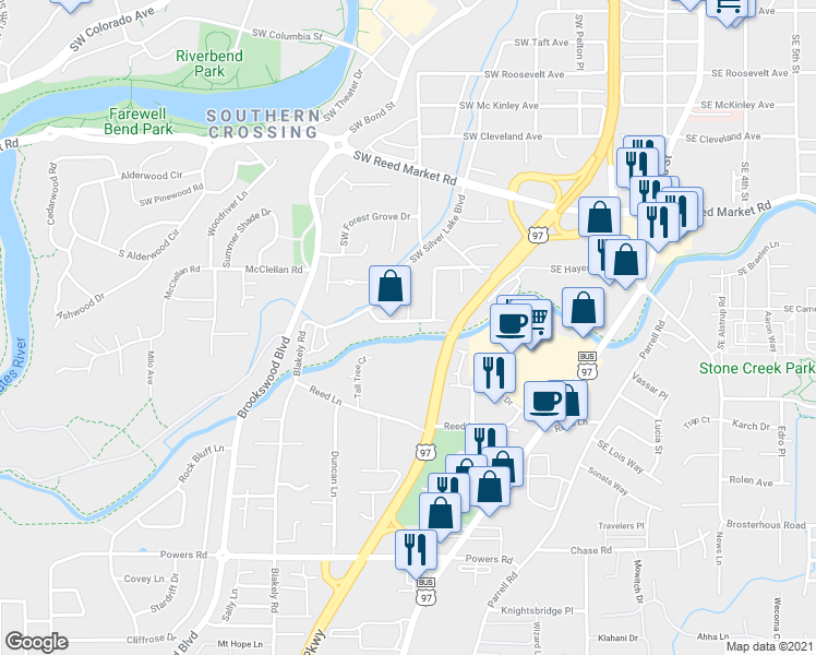 map of restaurants, bars, coffee shops, grocery stores, and more near 1295 Southwest Mill Pond Place in Bend