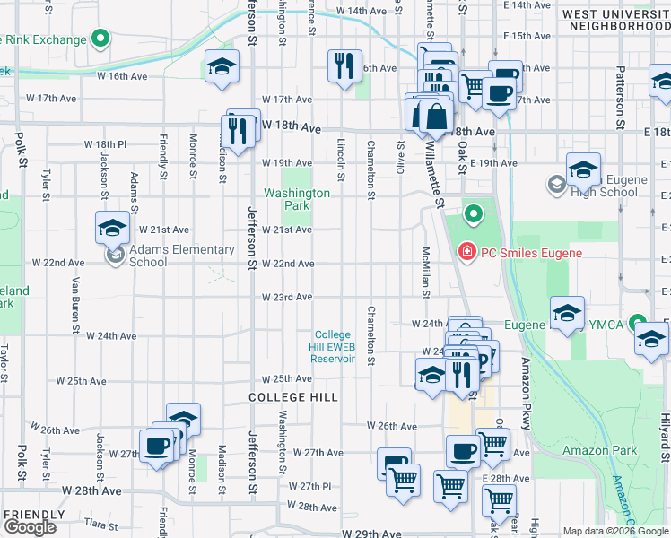 map of restaurants, bars, coffee shops, grocery stores, and more near 339 West 22nd Avenue in Eugene