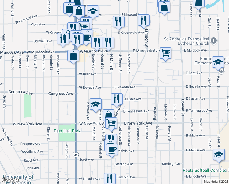 map of restaurants, bars, coffee shops, grocery stores, and more near 1428 North Main Street in Oshkosh