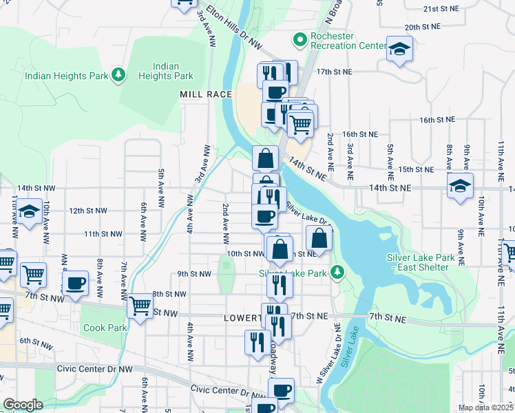 map of restaurants, bars, coffee shops, grocery stores, and more near 35 12th Street Northeast in Rochester