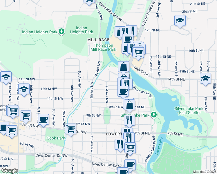 map of restaurants, bars, coffee shops, grocery stores, and more near 1207 2nd Avenue Northwest in Rochester