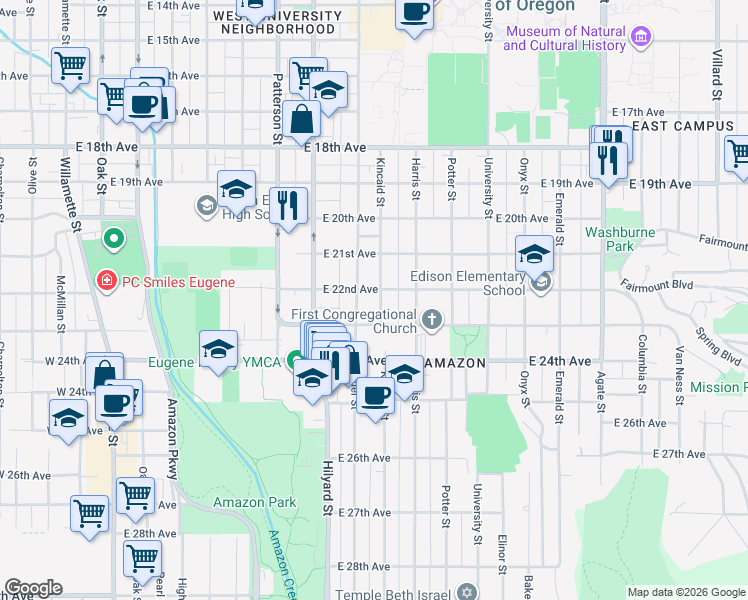 map of restaurants, bars, coffee shops, grocery stores, and more near 2226 Kincaid Street in Eugene