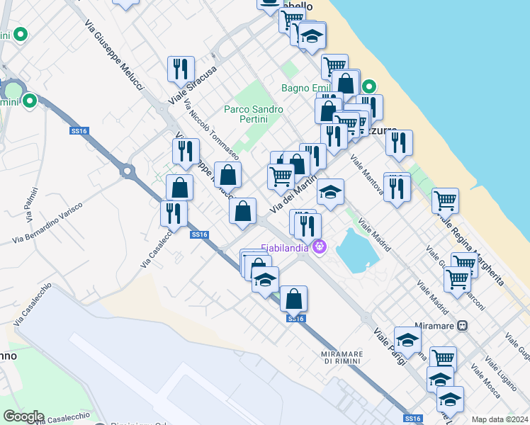 map of restaurants, bars, coffee shops, grocery stores, and more near 28 Via dei Martiri in Rivazzurra