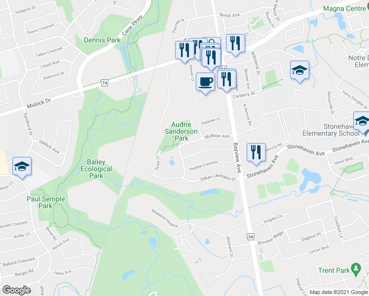 map of restaurants, bars, coffee shops, grocery stores, and more near 611 McBean Avenue in Newmarket