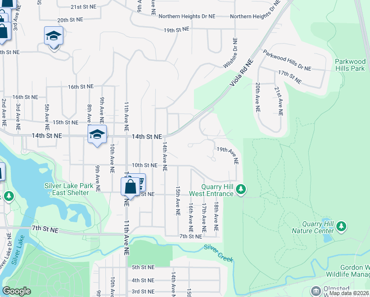 map of restaurants, bars, coffee shops, grocery stores, and more near 1236 19th Avenue Northeast in Rochester