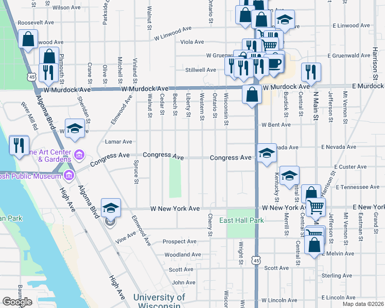 map of restaurants, bars, coffee shops, grocery stores, and more near 1402 Liberty Street in Oshkosh
