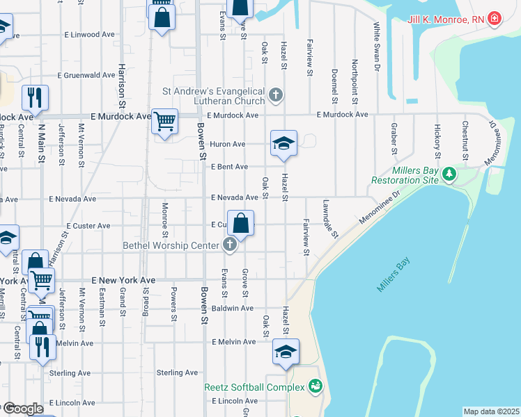 map of restaurants, bars, coffee shops, grocery stores, and more near 1423 Oak Street in Oshkosh