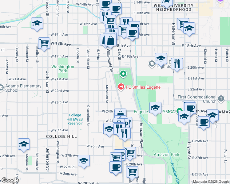 map of restaurants, bars, coffee shops, grocery stores, and more near 2200 Willamette Street in Eugene