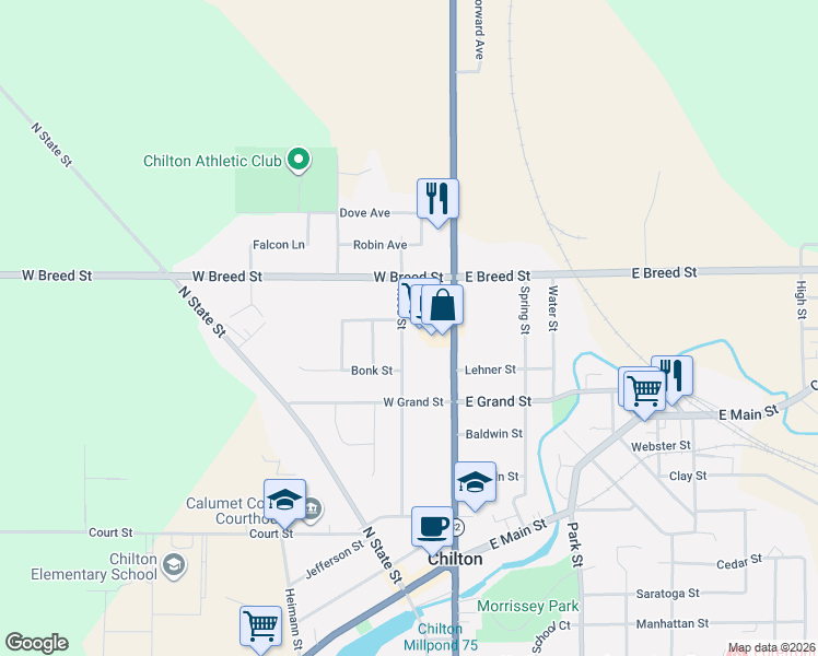map of restaurants, bars, coffee shops, grocery stores, and more near 511 North Madison Street in Chilton