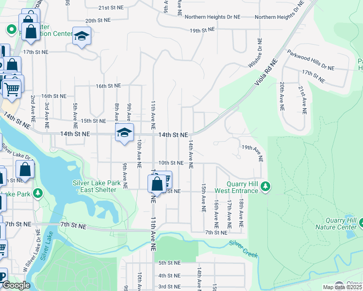 map of restaurants, bars, coffee shops, grocery stores, and more near 1204 13th Avenue Northeast in Rochester