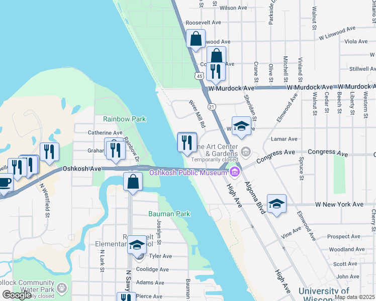 map of restaurants, bars, coffee shops, grocery stores, and more near 1545 Arboretum Drive in Oshkosh
