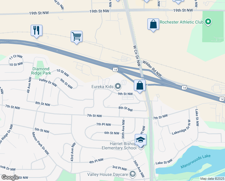 map of restaurants, bars, coffee shops, grocery stores, and more near 3675 9th Street Northwest in Rochester