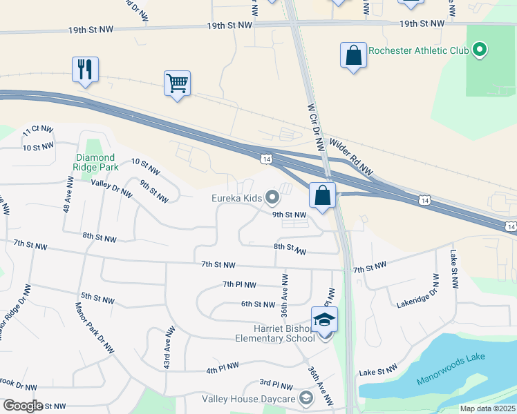 map of restaurants, bars, coffee shops, grocery stores, and more near 3675 9th Street Northwest in Rochester