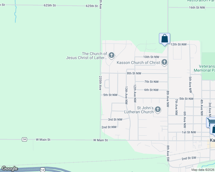 map of restaurants, bars, coffee shops, grocery stores, and more near 605 15 1/2 Avenue Northwest in Kasson