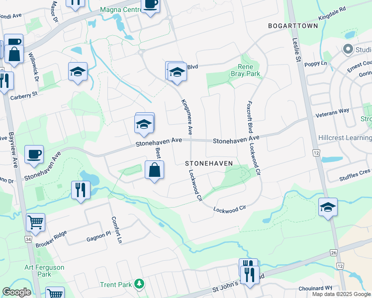 map of restaurants, bars, coffee shops, grocery stores, and more near 808 Lockwood Circle in Newmarket