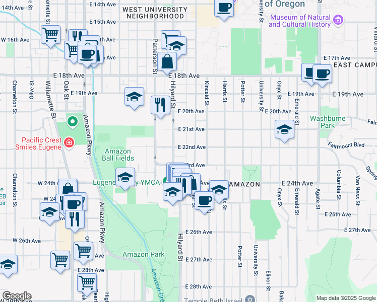 map of restaurants, bars, coffee shops, grocery stores, and more near 780 East 22nd Avenue in Eugene