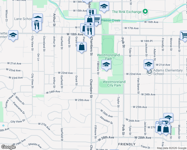 map of restaurants, bars, coffee shops, grocery stores, and more near 1690 West 22nd Avenue in Eugene
