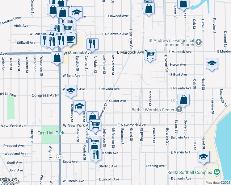 map of restaurants, bars, coffee shops, grocery stores, and more near 223 East Nevada Avenue in Oshkosh