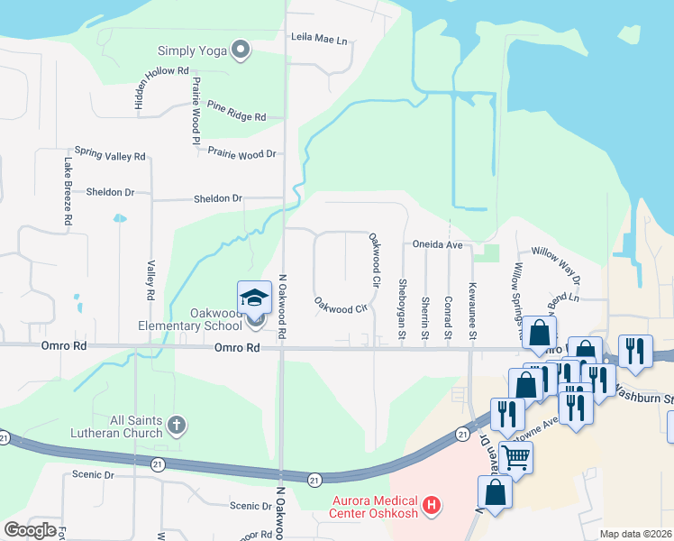 map of restaurants, bars, coffee shops, grocery stores, and more near 1383 Oakwood Court in Oshkosh