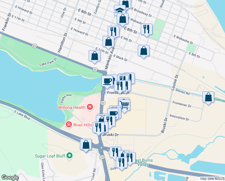 map of restaurants, bars, coffee shops, grocery stores, and more near 910 Frontenac Drive in Winona