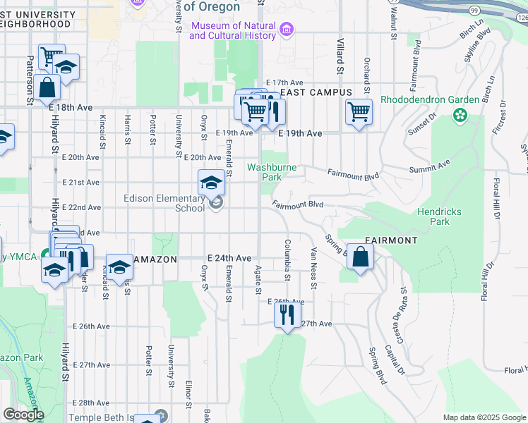 map of restaurants, bars, coffee shops, grocery stores, and more near 2209 Agate Street in Eugene