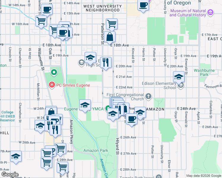 map of restaurants, bars, coffee shops, grocery stores, and more near 680 East 22nd Avenue in Eugene
