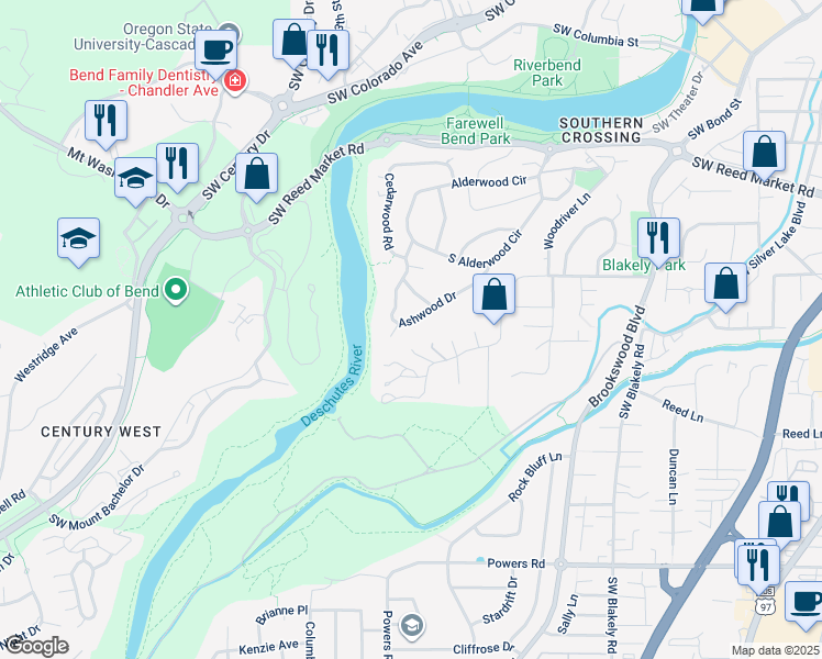map of restaurants, bars, coffee shops, grocery stores, and more near 19925 Ashwood Drive in Bend