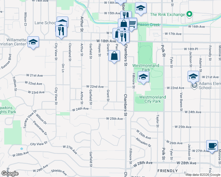 map of restaurants, bars, coffee shops, grocery stores, and more near 2231 Grant Street in Eugene