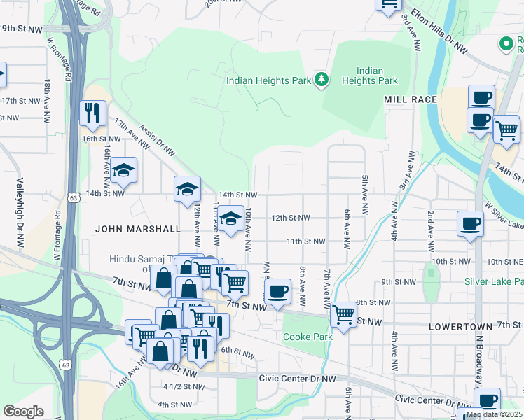 map of restaurants, bars, coffee shops, grocery stores, and more near 1207 9th Avenue Northwest in Rochester