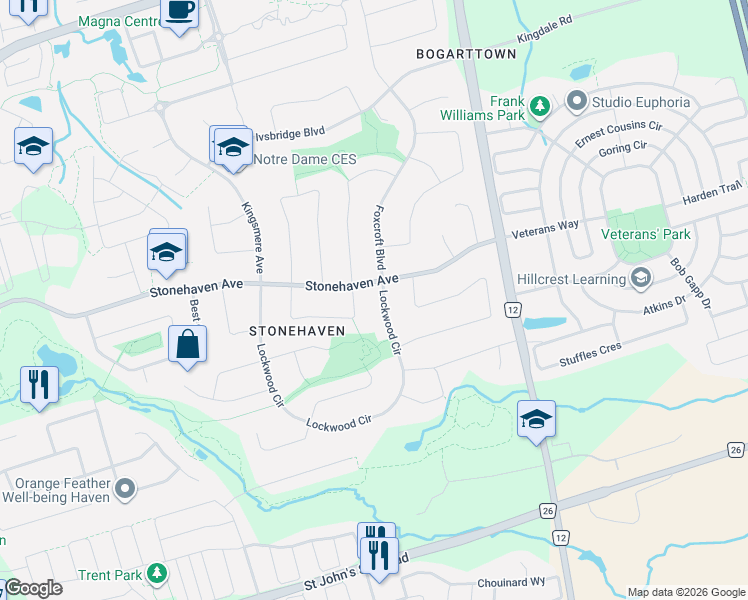 map of restaurants, bars, coffee shops, grocery stores, and more near 1071 Lockwood Circle in Newmarket