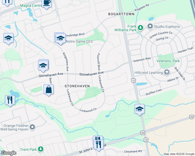 map of restaurants, bars, coffee shops, grocery stores, and more near 1071 Lockwood Circle in Newmarket