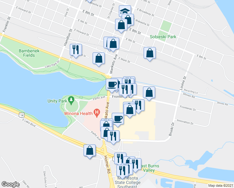 map of restaurants, bars, coffee shops, grocery stores, and more near 930 Frontenac Drive in Winona