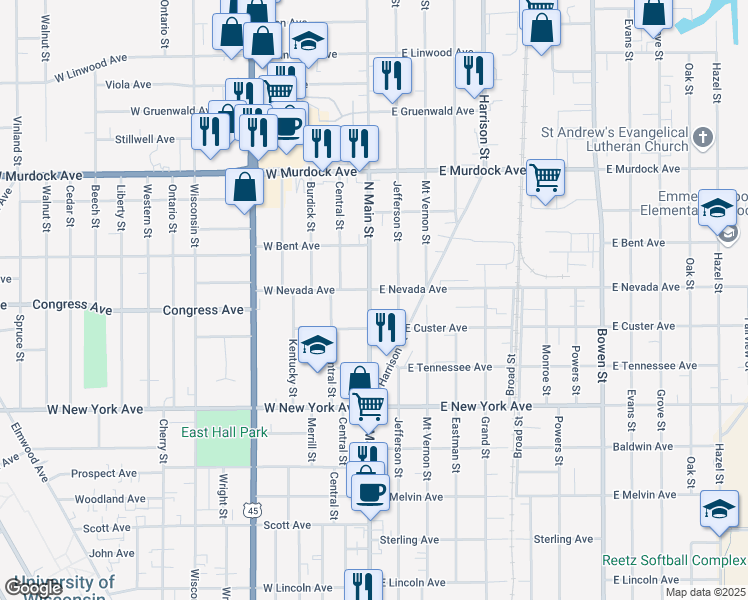 map of restaurants, bars, coffee shops, grocery stores, and more near 1428 North Main Street in Oshkosh