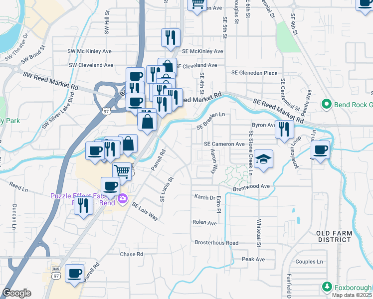 map of restaurants, bars, coffee shops, grocery stores, and more near 20435 Angel Court in Bend