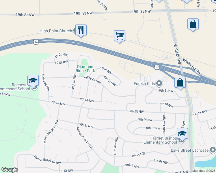map of restaurants, bars, coffee shops, grocery stores, and more near 4341 Valley Drive Northwest in Rochester